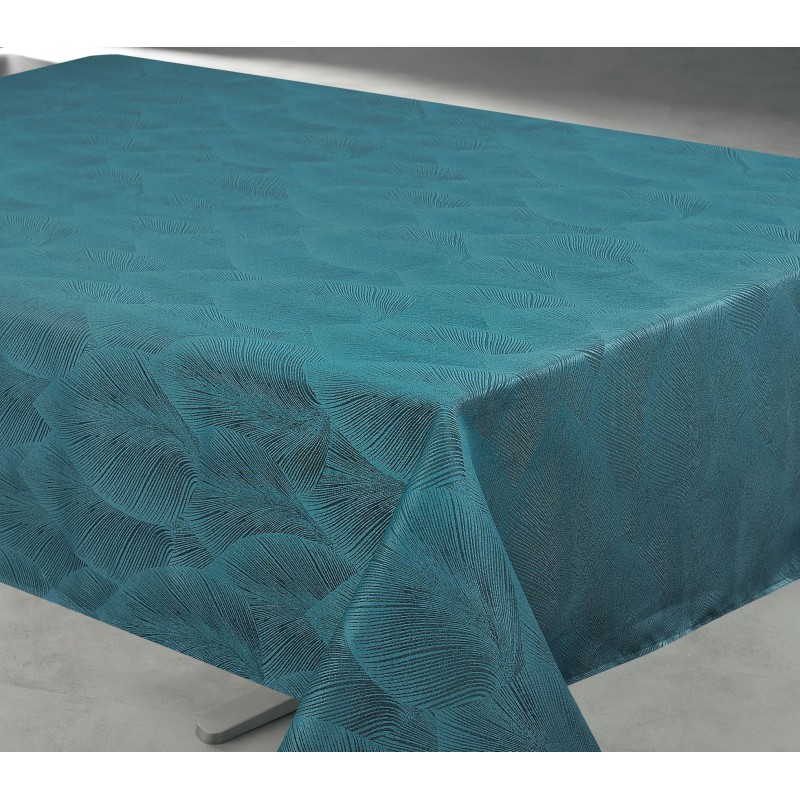 Nappe jacquard Feuillage Bleu paon
